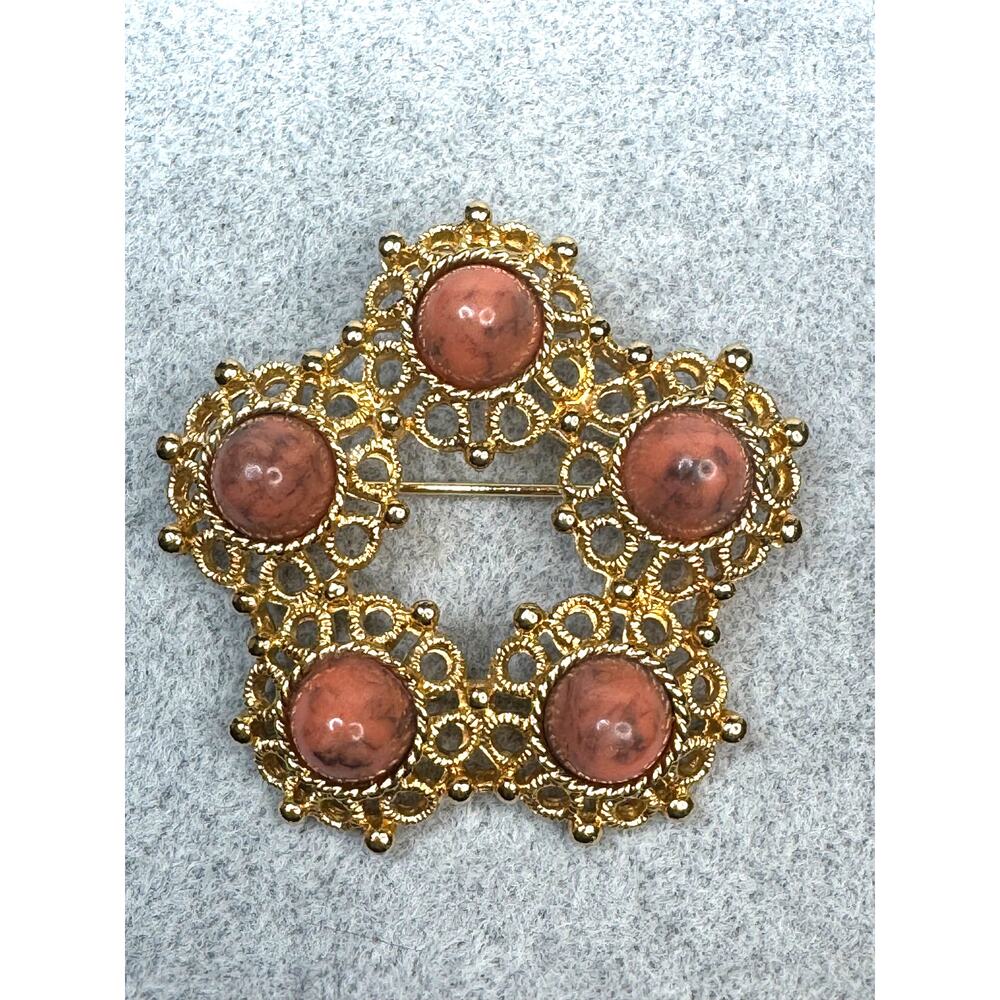 Stamped Sarah Coventry Valencia Brooch Gold and Coral Vintage